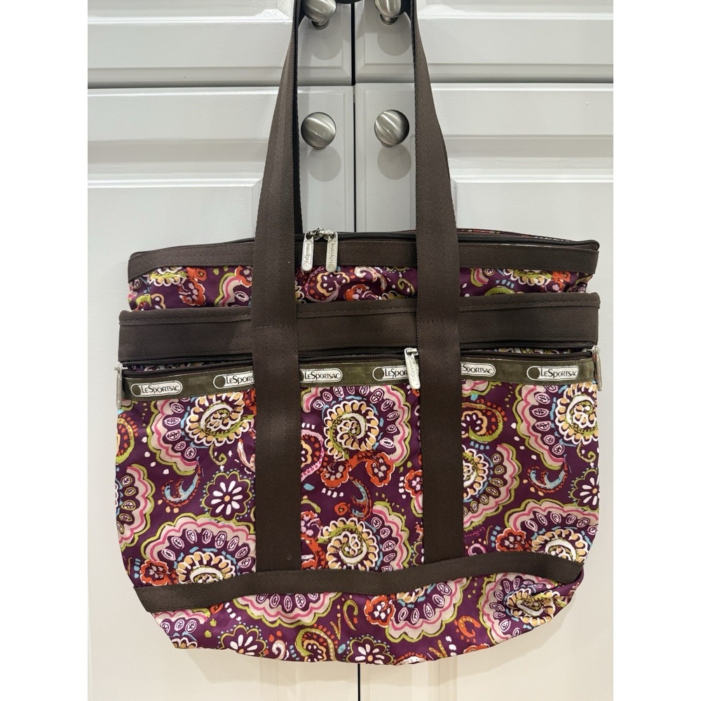 LeSportsac Tote Bag Large Travel Purse Floral Brown Red Multicolor 16"x14" - Picture 4 of 10